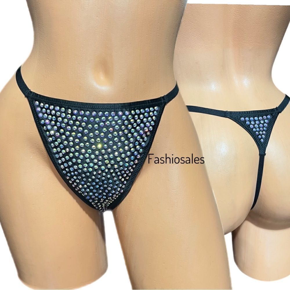 Victorias Secret Very Sexy Subtle Shine Bling Crystals VString Thong Panty Black